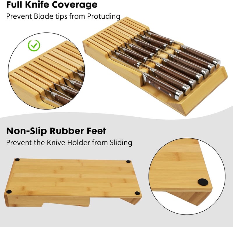 WenCraft Bamboo Kitchen Drawer Knife Block, In drawer Knife Holder, Knife Drawer Organizer fit for 13 knives - Image 3
